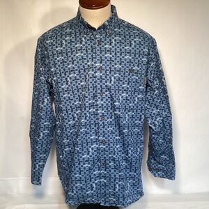 Vintage Woolrich Blue Geometric and Fish Patterned Button Down Shirt Men’s XL